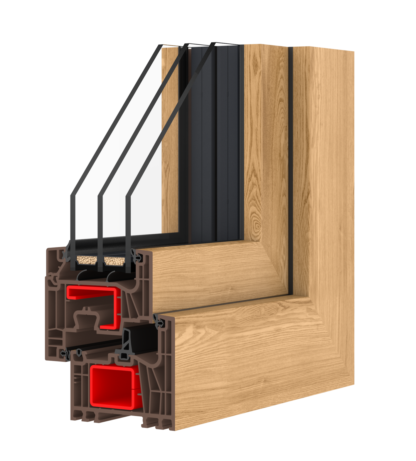 PVC-Fenster Eckschnitt Iglo Edge Tourner Oak &mdash; Holzdekor mit Profilquerschnitt