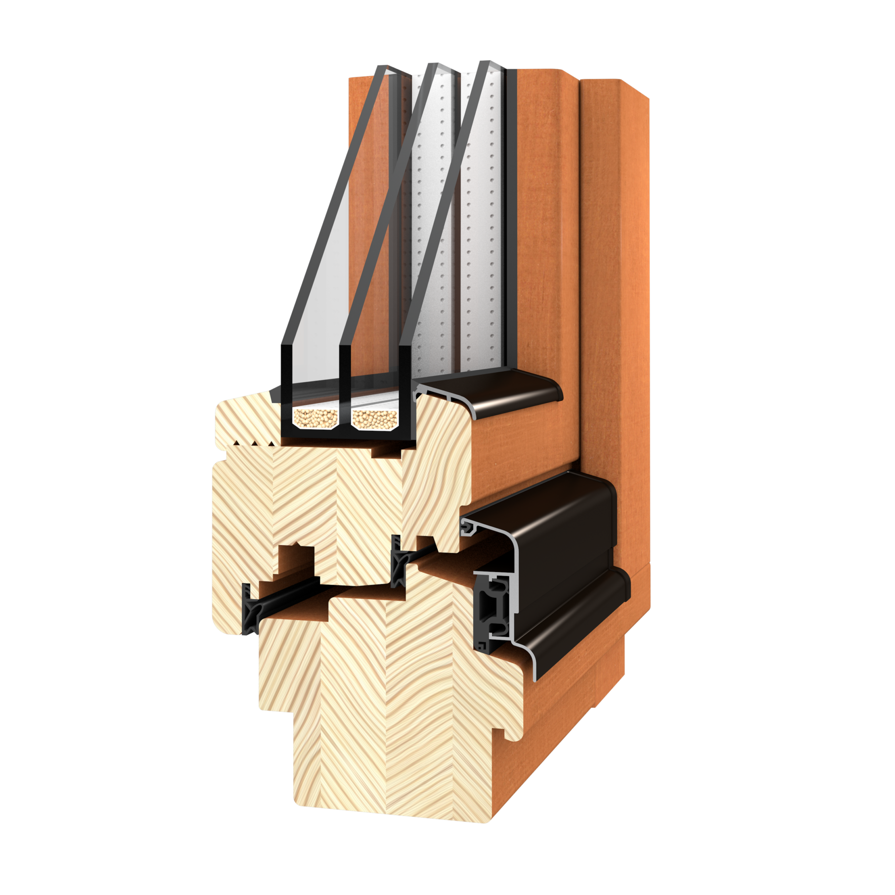 Echtes Holzfenster Eckschnitt &mdash; Helle Eiche / Kiefer Drutex Softline 88
