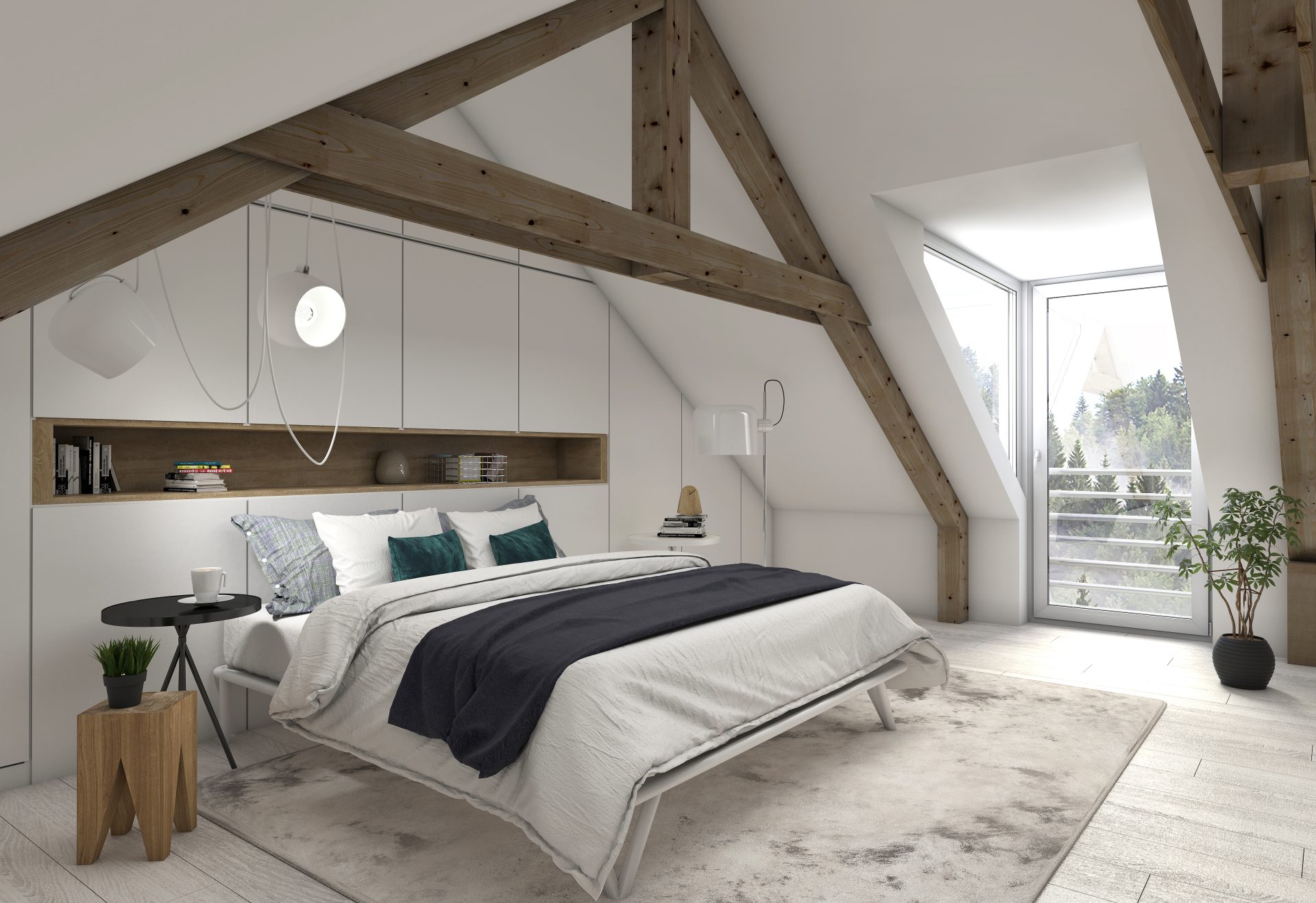 Wei&szlig;e Kunststofffenster mit Sonderform im hellen Dachgeschoss-Schlafzimmer