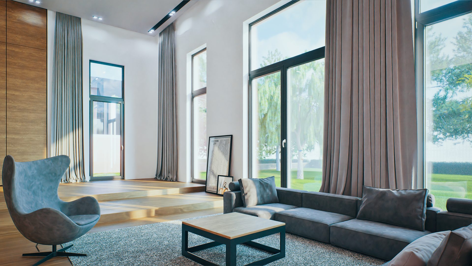 Kunststofffenster mit anthrazitfarbenem Rahmen in einem modernen Wohnzimmer mit Gartenblick