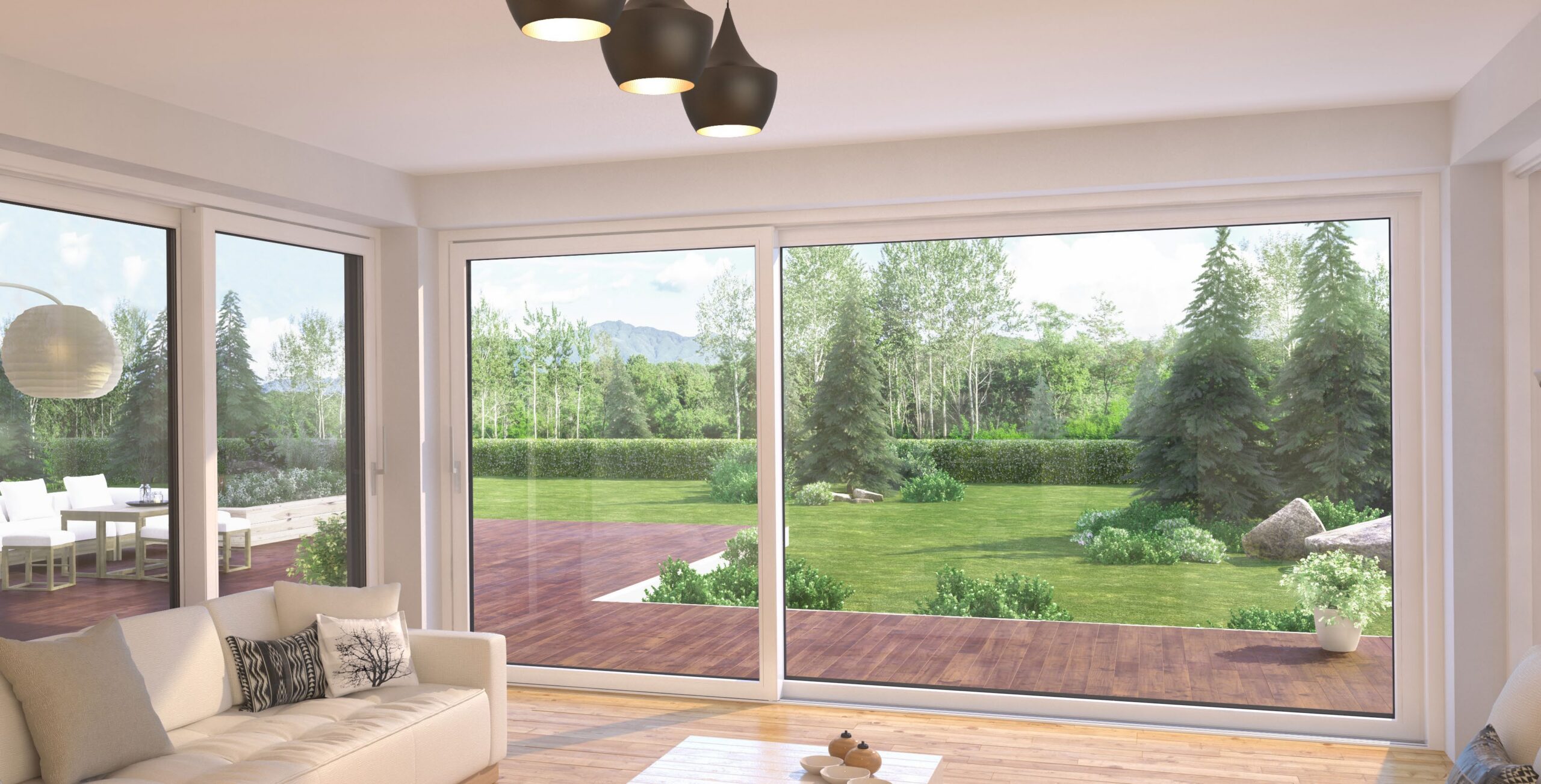 VEKAMOTION 82 Hebe-Schiebe-T&uuml;r, Wohnraum mit breitem Glaselement zum Garten
