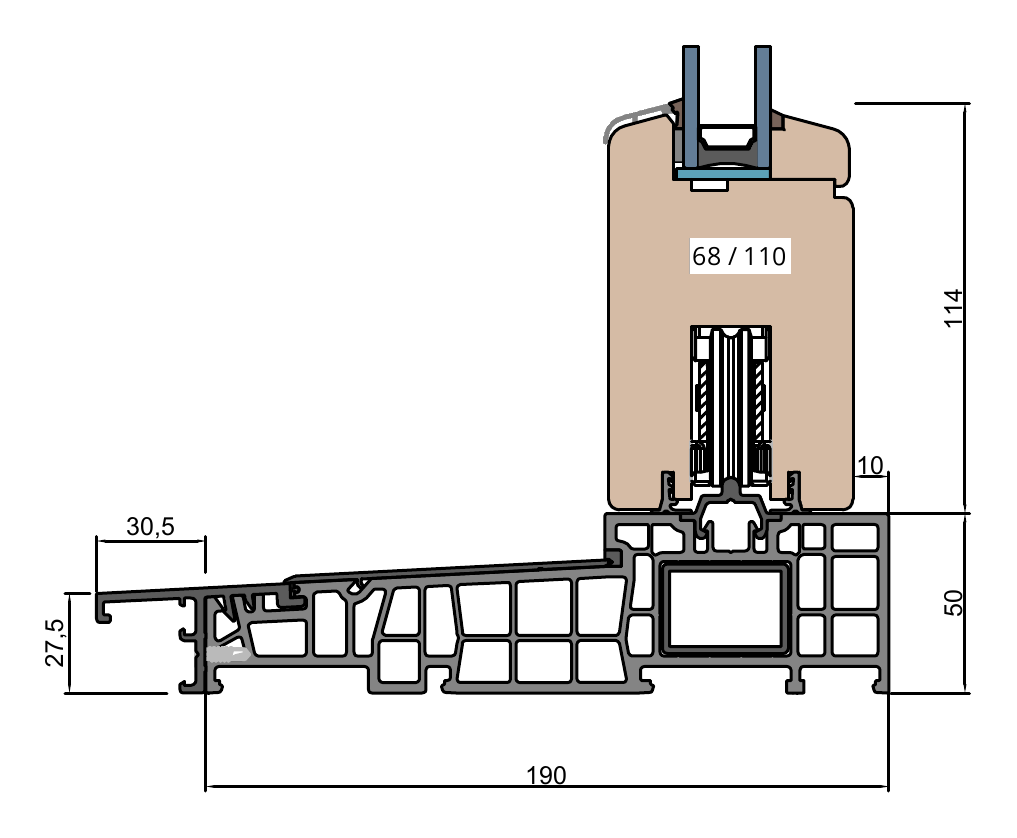 Softline HS Hebe-Schiebe-Tür im Schnitt: Bodenschwelle 190 mm mit Holzflügel 68/110 mm