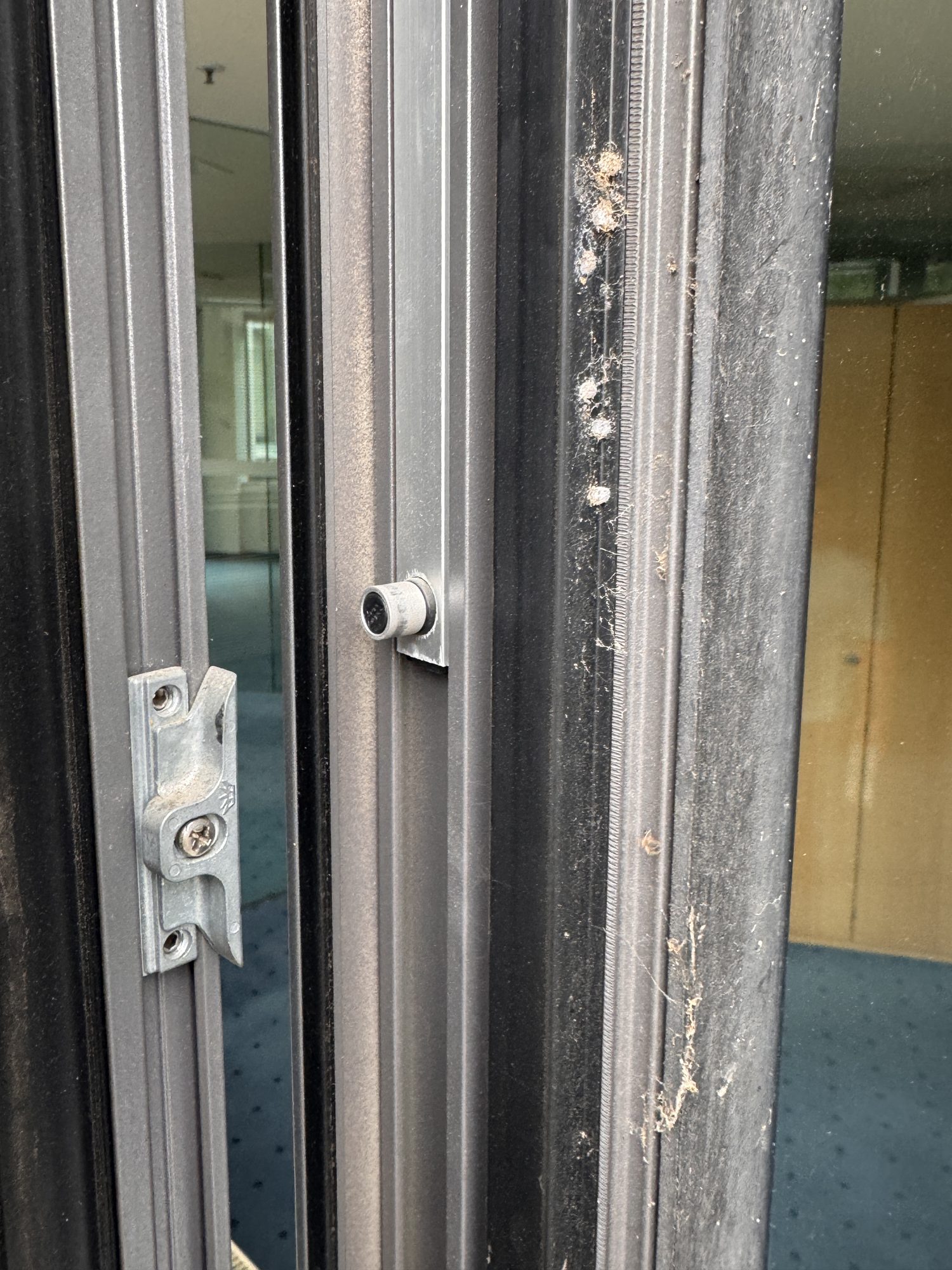 Schliessstueck im Blendrahmen neben einer verschmutzten Dichtung.